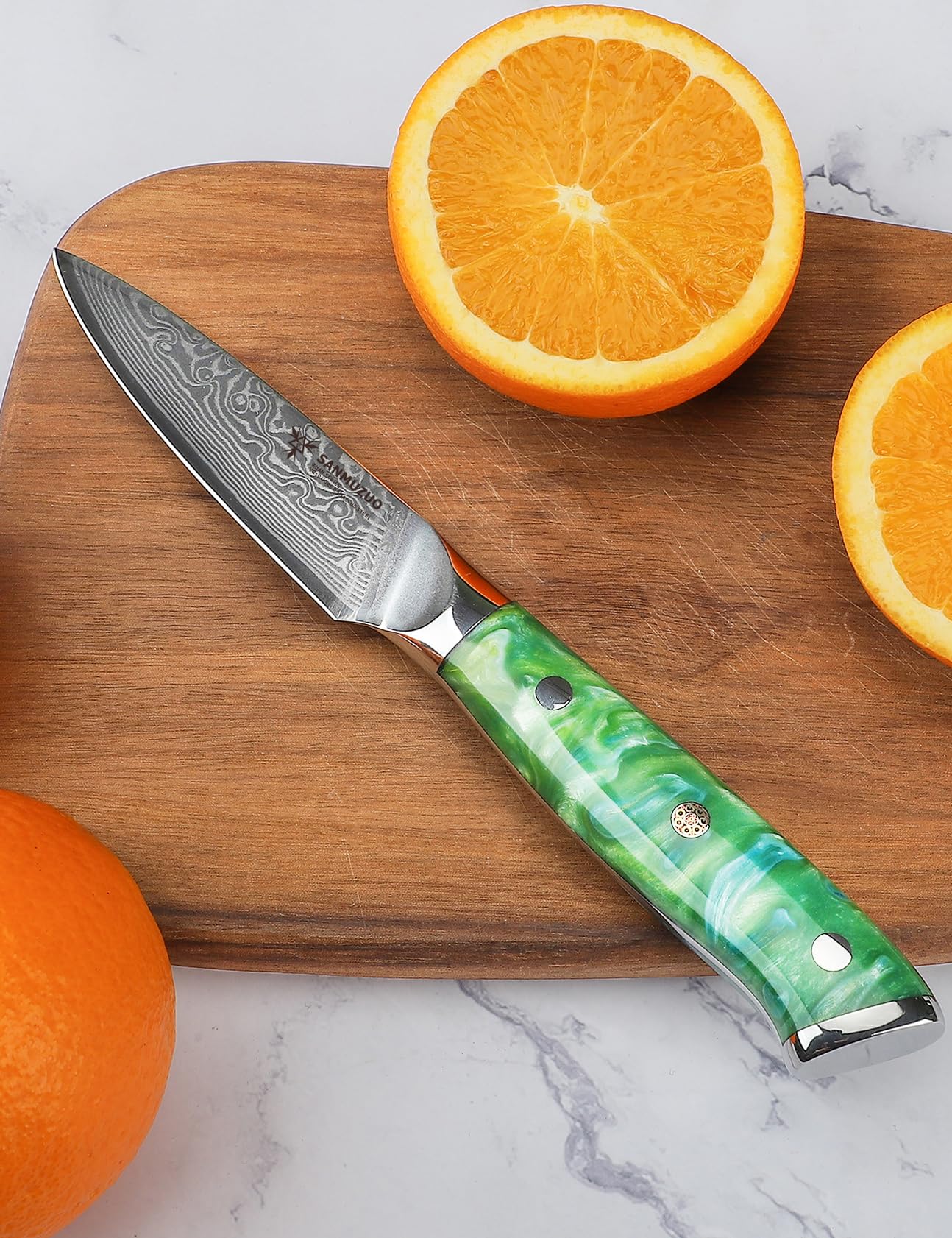 SANMUZUO 3.5 Inch Paring Knife - Kitchen Fruit Vegetable Knife Damascus Steel & Resin Handle - XUAN Series (Jade Green)