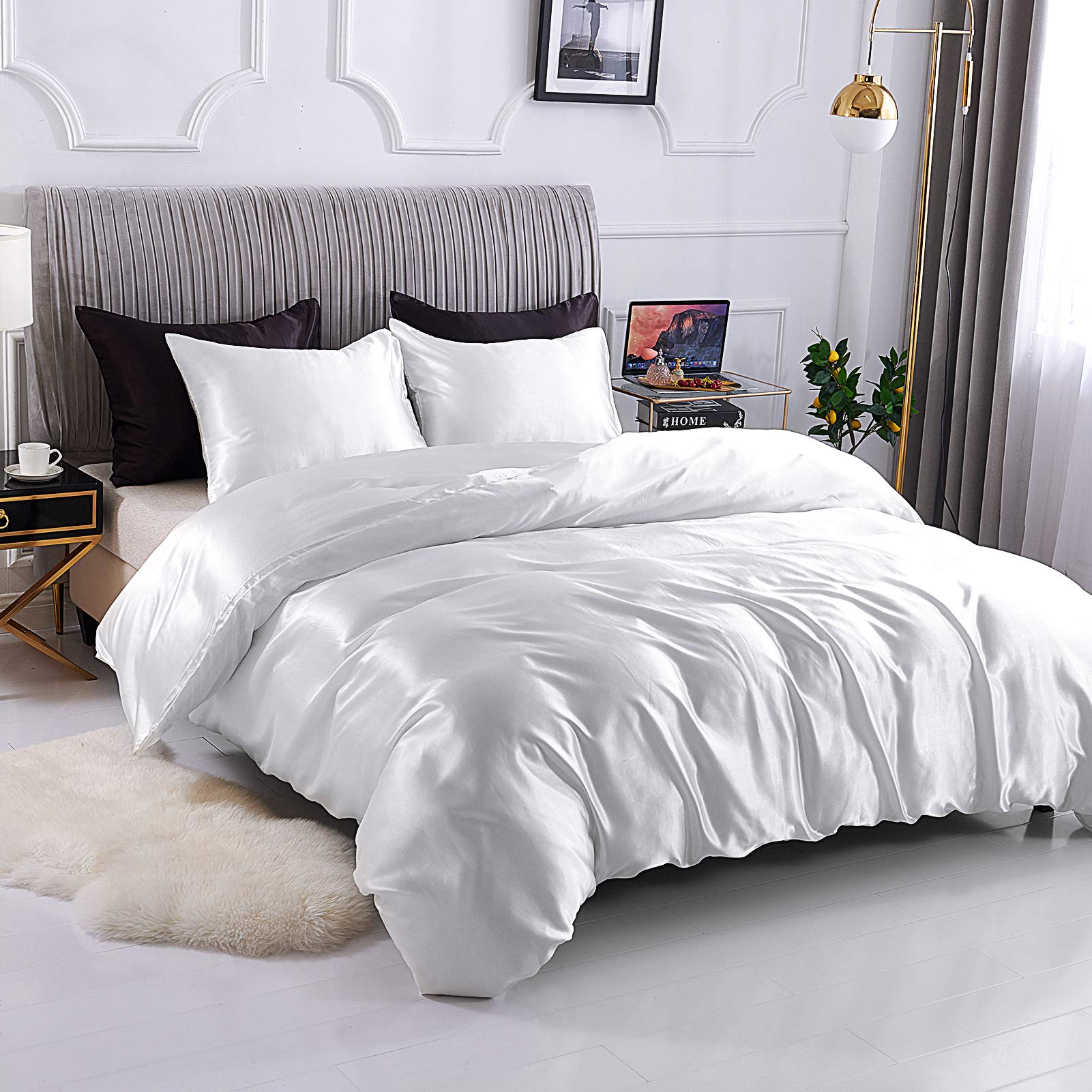 Opulence Bedding Silk Satin Duvet Cover Set White California King 3 Piece (Duvet Cover + 2 Pillowcases) Comforter Cover California King Size Zipper Closure