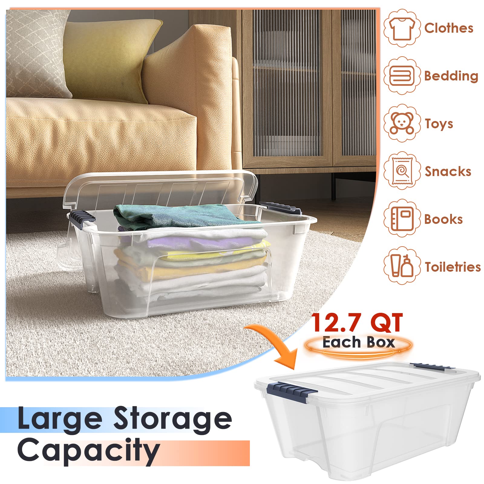 GORELAX 12 PCS Clear Plastic Storage Bins with Lid, 12 L/13 Qt. Tote Boxes w/Ultra Latching Handle, Nestable & Stackable Storage Containers for Organizing, Pantry, Clothes