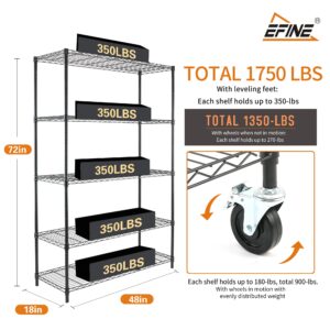 EFINE 5-Tier Chrome NSF Certified Storage Shelves, Heavy Duty Steel Wire Shelving Unit with Wheels and Adjustable Feet, 500lbs Loading Capacity Per Shelf, Pantry, Garage, Kitchen Shelving(18"x48"x72")