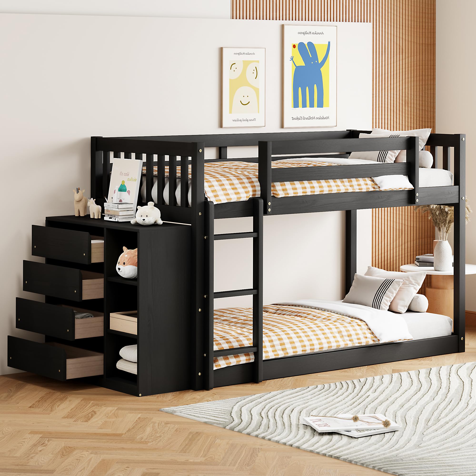 Harper & Bright Designs Twin Over Twin Low Bunk Bed with Storage,Floor Bunk Bed Frame with 4 Drawers and 3 Shelves, Solid Wood Loft Bed for Kids Girls Boys - Espresso