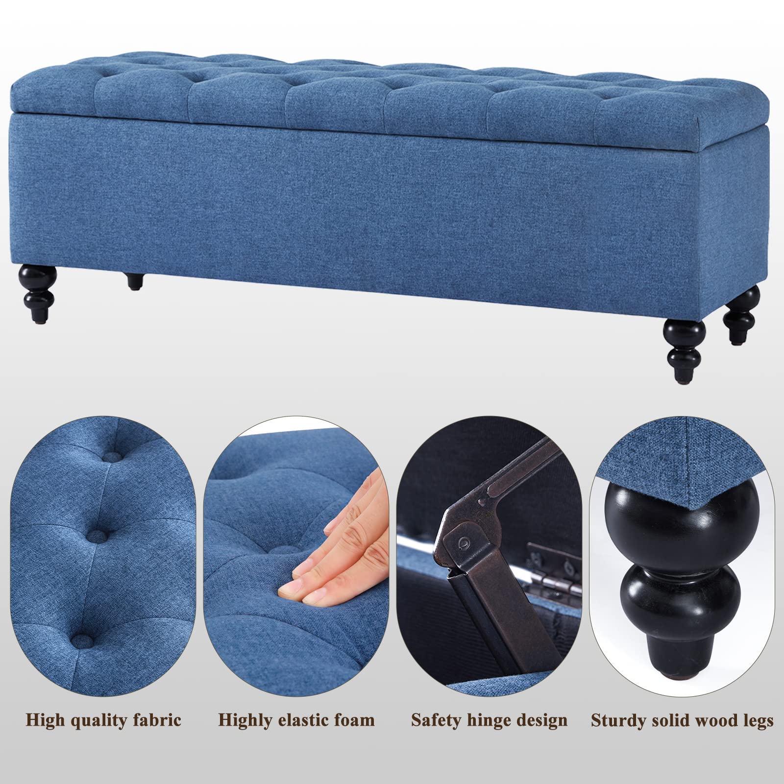 Storage Ottoman 50.2 Inches Upholstered Fabric Storage Ottoman Bench，Button Tufted Ottoman with Storage for Living Room，Bedroom End of Bed Bench Withstands 302lbs (Blue)