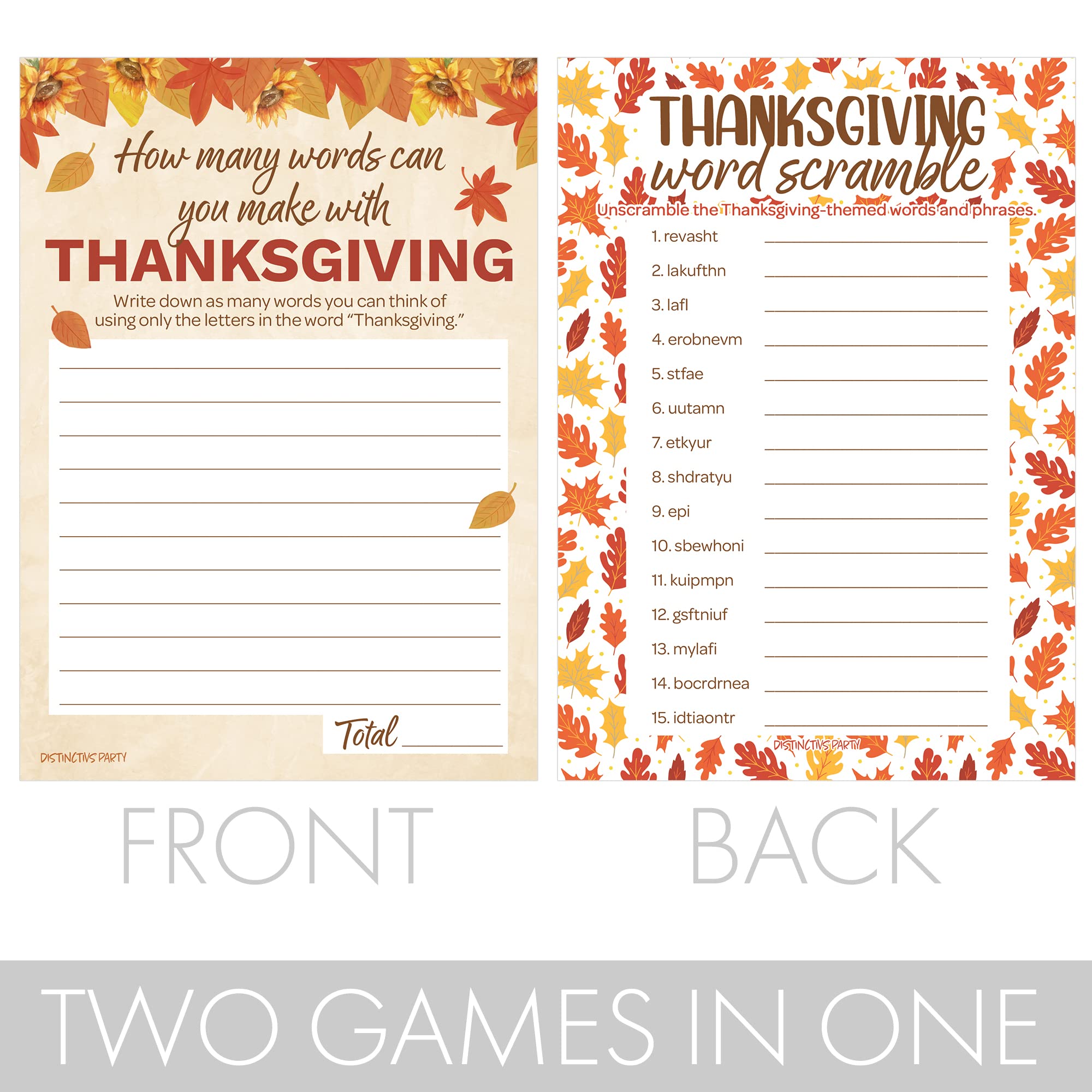 DISTINCTIVS Thanksgiving Party Games, Word Scramble and Thanksigiving Anagram Game (2 Game Bundle) - 25 Dual Sided Cards, Friendsgiving Party Games, Thanksgiving Family Games