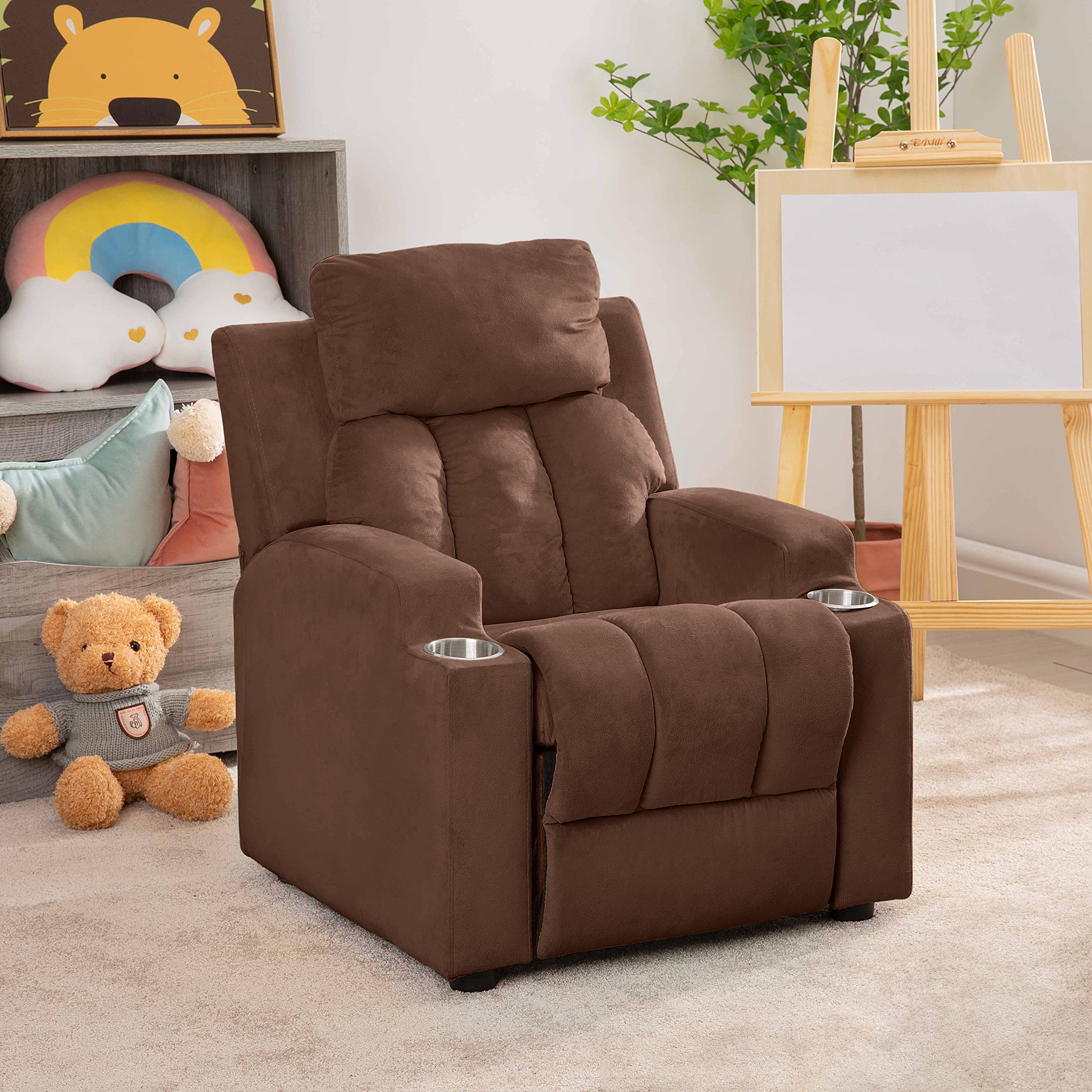 Sally Deluxe Kids Recliner Chair with Footrest & 2 Cup Holders, Push Back Toddler Recliner for Ages 3+, Perfect Kid Recliners for Boys & Girls - Ideal Recliner Chairs for Toddlers, Kids Room - Brown