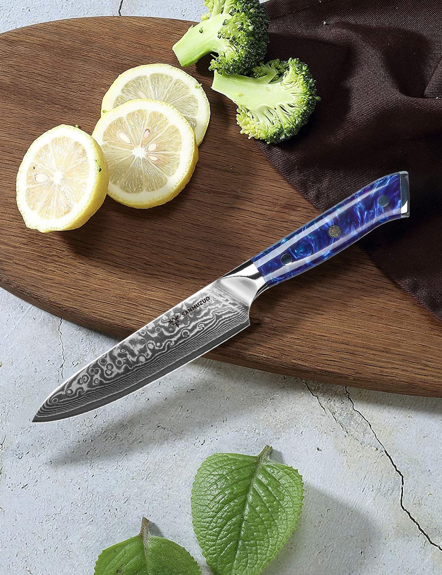 SANMUZUO 5 Inch Kitchen Utility Knife - Xuan Series - VG10 Damascus Steel Kitchen Knives - Resin Handle (Sapphire Blue)