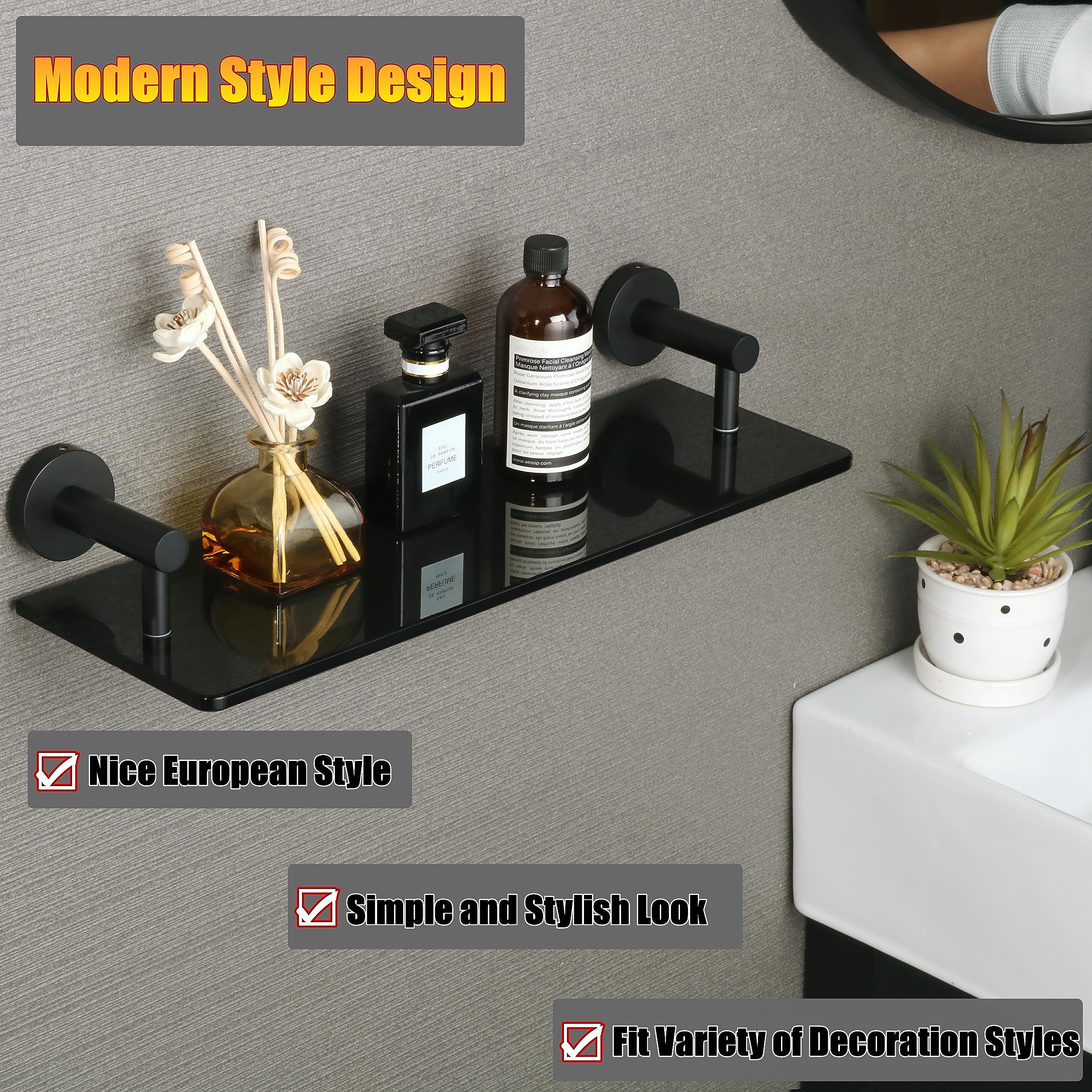 Alise Bathroom Shelves Glass Shelf Wall Mount Floating Shelves for Bathroom,SUS304 Stainless Steel Tempered Glass Rack Holder Storage Organizer,Black Finish GDL400X130-B