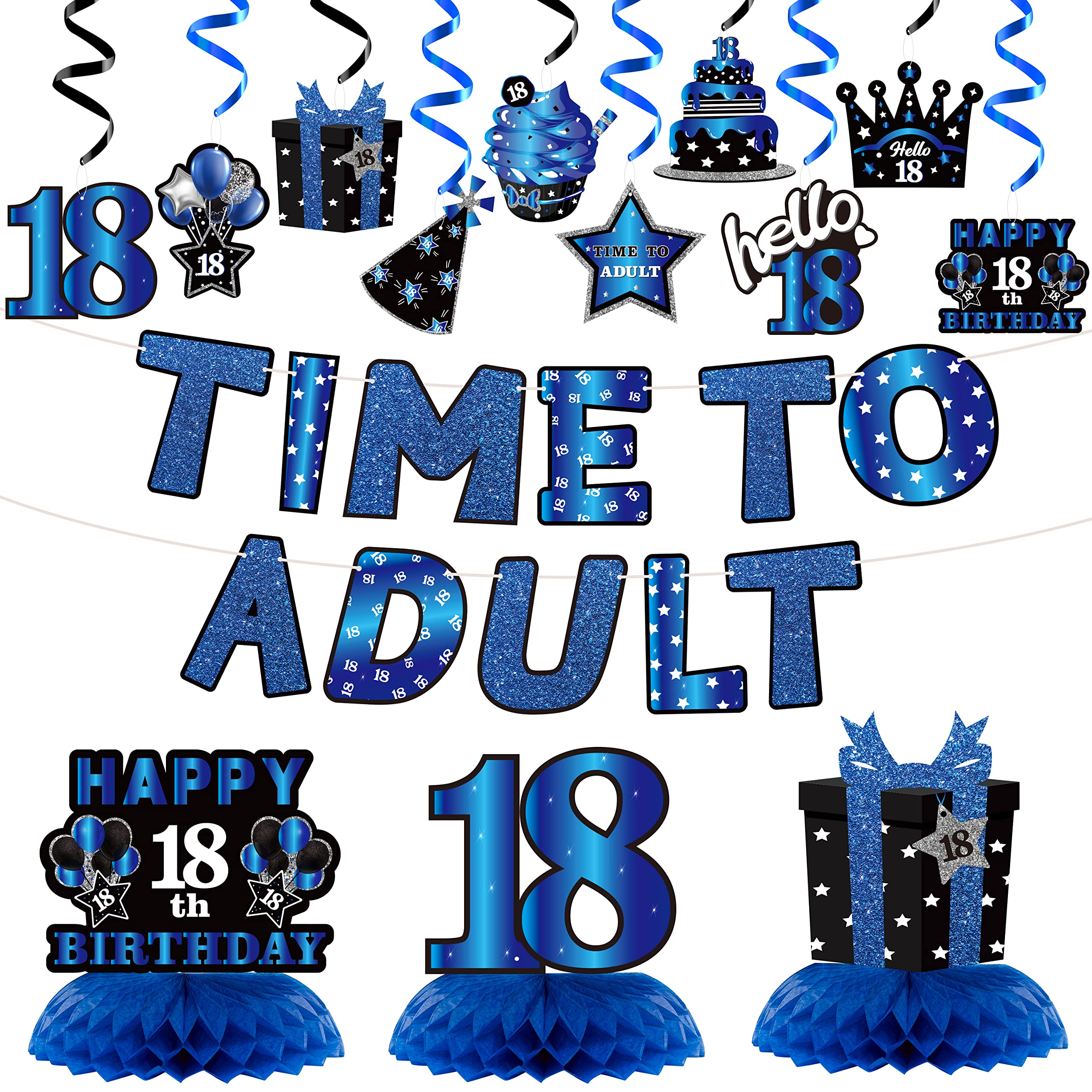 WATINC 26pcs 18th Blue Black Birthday Banner Party Decorations Set, Time To Adult 18 Birthday Decorations Hanging Swirls Banner Honeycomb Centerpieces for Boys Girls Happy 18 Bday