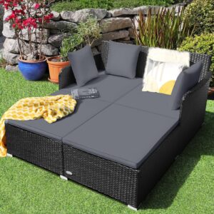 HAPPYGRILL Outdoor Rattan Daybed Patio Loveseat Sofa Set with Padded Cushion Pillows and Sturdy Aluminum Foot Wicker Patio Furniture for Garden Porch Poolside