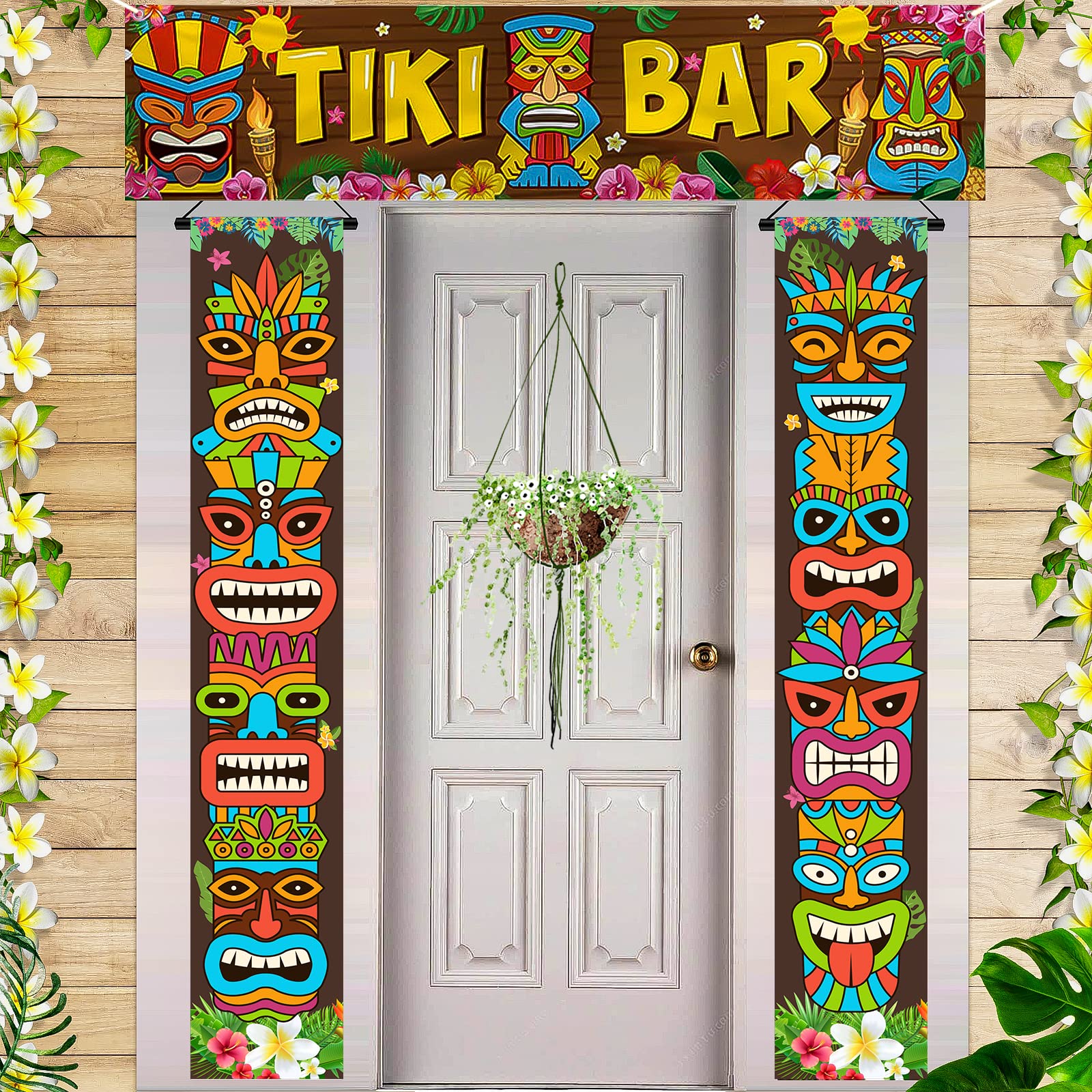 Luau Party Decorations Tiki Totem Door Banner Sign 3pcs Tiki Banner Luau Porch Hawaiian Cover for Aloha Hawaii Luau Tropical Moana Birthday Carnival Party Wall Hanging Outdoor Decor Gift