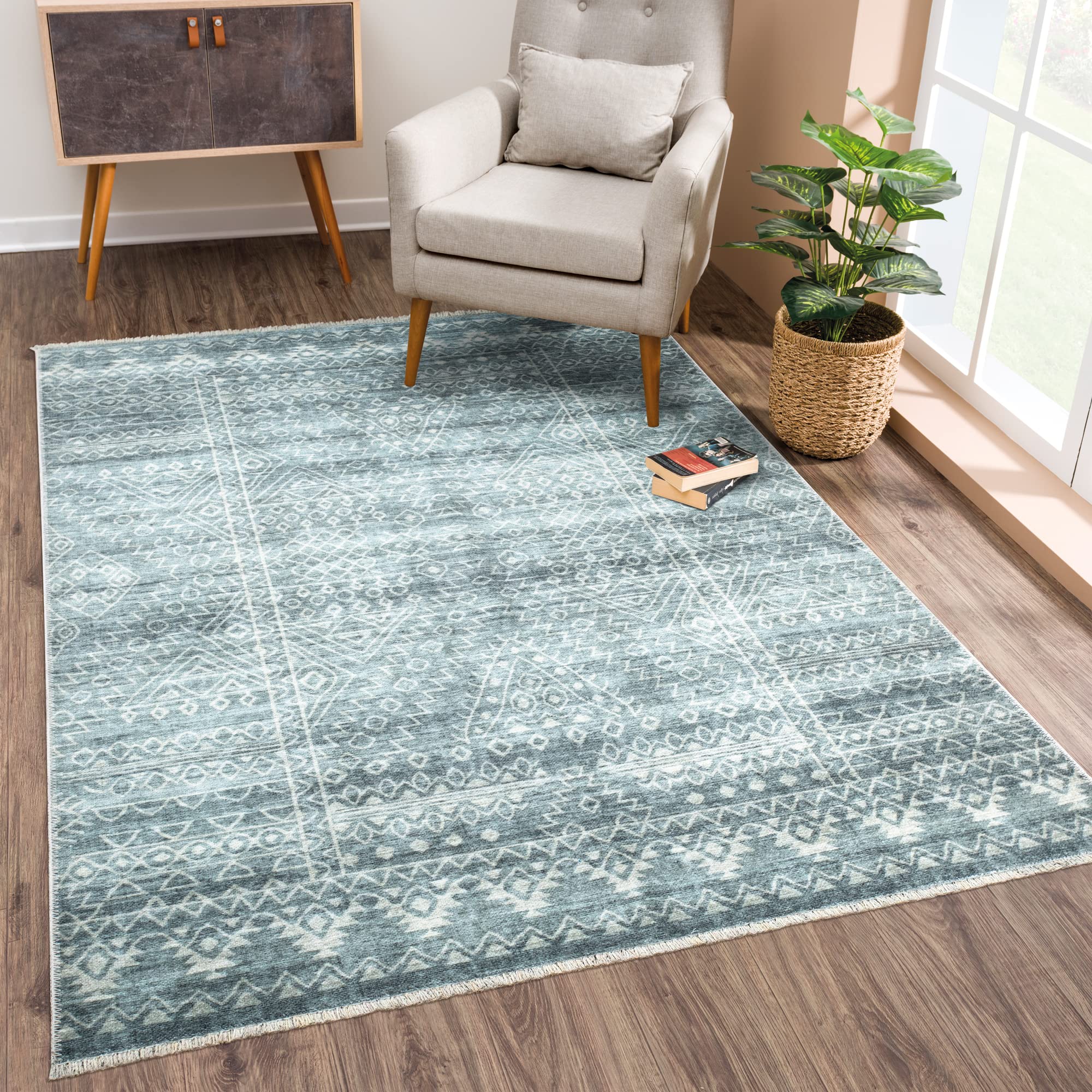 Bloom Rugs Caria Washable Non-Slip 5x7 Rug - Teal/Ivory Geometric Area Rug for Living Room, Bedroom, Dining Room, and Kitchen - Exact Size: 5' x 7'