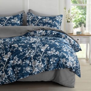 Eastern Floral Chinoiserie Blossom Print Duvet Quilt Cover Navy Blue Tan White Asian Style Botanical Tree Branches Ornamental Drawing 400TC Egyptian Cotton Bedding Set (Navy, Super King)