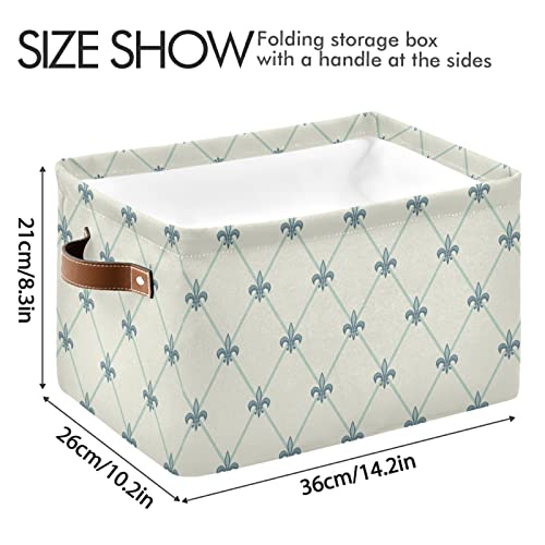 Fleur De Lis Storage Basket Floral Plaid Storage Organizer Box Bin Large Collapsible Cube Baskets with PU Handles for Shelf Closet Nursery Laundry 2 Pack