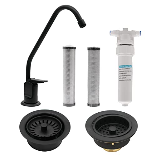 Westbrass CO133-62 8" Touch-Flo Style Pure Cold Water Dispenser Faucet Kit with Filter, 2-Pack Replacement Cartridges, Kitchen Sink Strainer & Disposal Trim Set, Matte Black