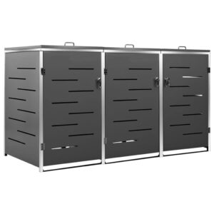 vidaxl triple wheelie bin shed - stainless steel frame, outside bin storage - anthracite colored, galvanized steel panel, spacious, anti-rust, lockable