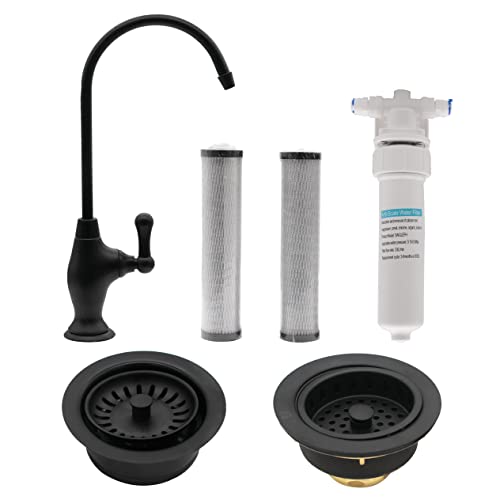 Westbrass CO134-62 10" Classic 1-Lever Cold Water Dispenser Faucet Kit with Filter, 2-Pack Replacement Cartridges, Kitchen Sink Strainer & Disposal Trim Set, Matte Black