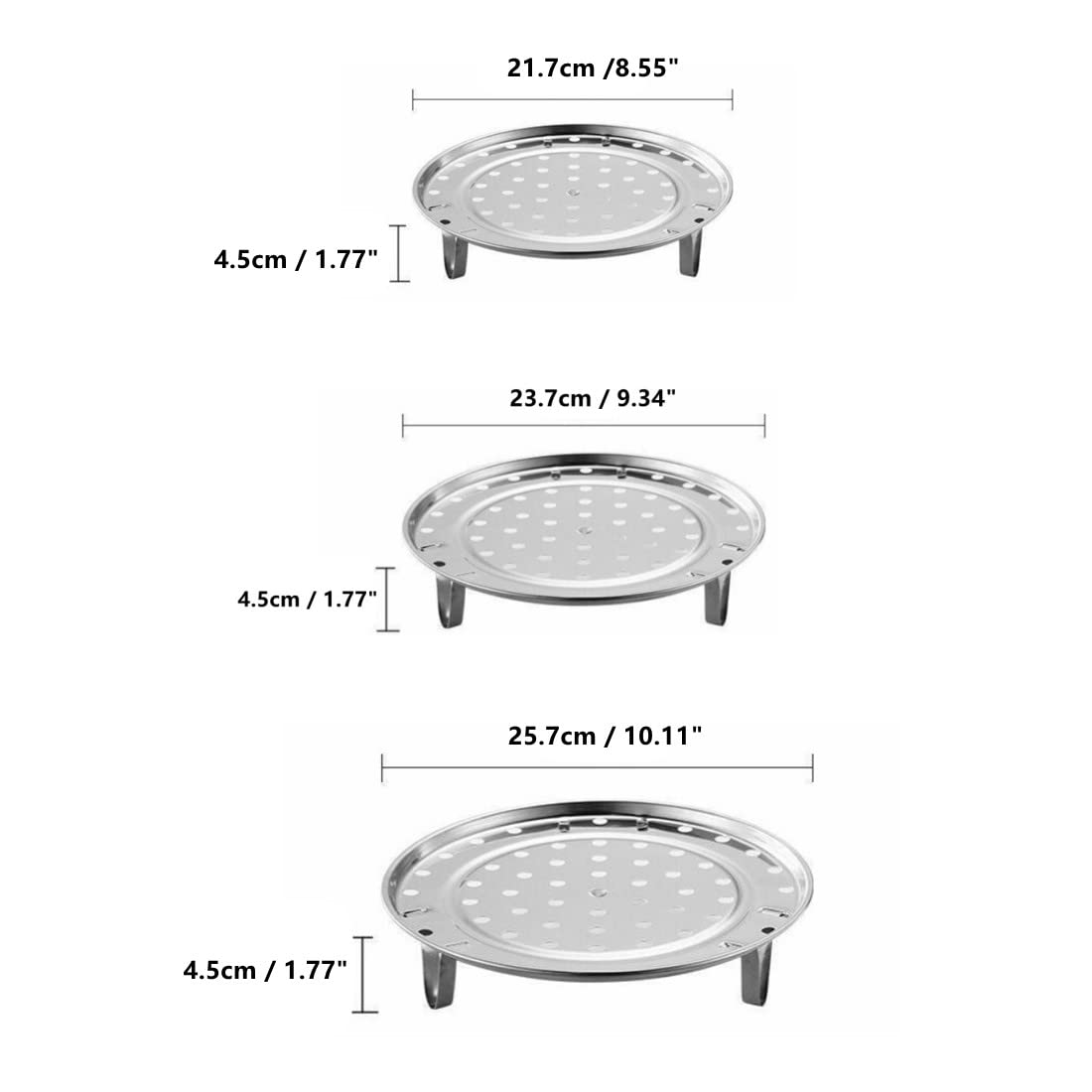 Round Stainless Steel Steamer Rack, Thicken 8.5" 9.33" 10.11" Inch Diameter Canner Steaming Rack Stand Cooking Ware Food Vegetable Steam Tray for Pressure Cooker Pot (3 Pack)