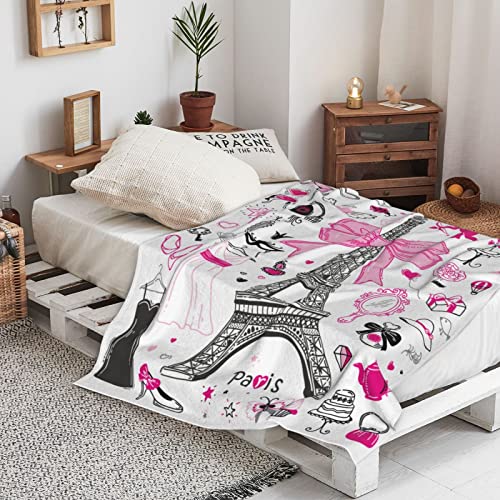 Romantic Paris Throw Blanket Girly Pretty Gifts for Women Girls Super Soft Warm Bed Bedding Blankets for Couch Bedroom Sofa Office Decor, All Season Cozy Flannel Plush Blanket, 70 X 50 Inch