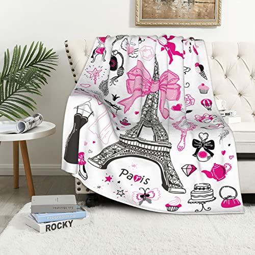 Romantic Paris Throw Blanket Girly Pretty Gifts for Women Girls Super Soft Warm Bed Bedding Blankets for Couch Bedroom Sofa Office Decor, All Season Cozy Flannel Plush Blanket, 70 X 50 Inch