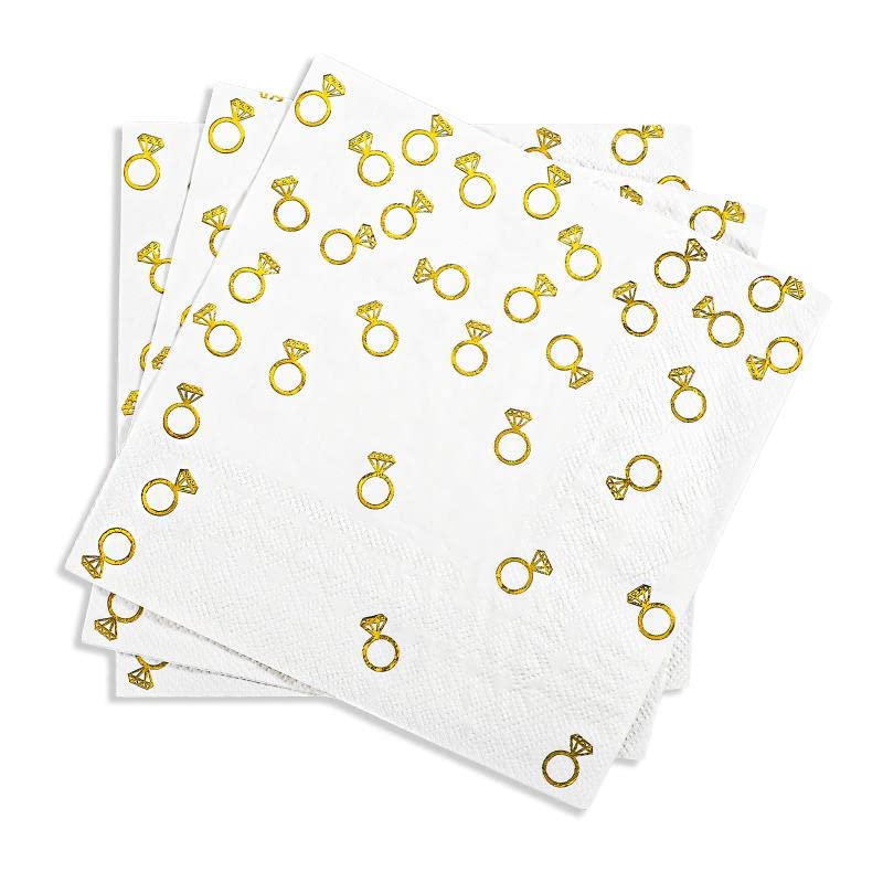 100 Pack 6.3x6.3 Inch Gold Diamond Ring Napkins - 2-Ply Cocktail Napkins Bar Napkins Disposable Party Napkins Paper Napkins Dinner for Bridal Shower Engagement party party decor Valentines Day