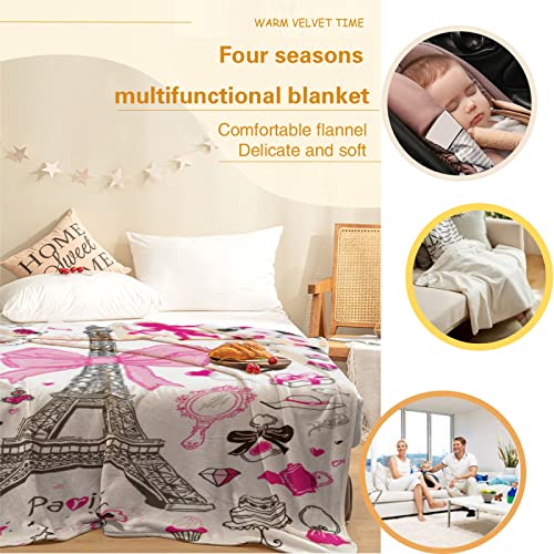 Romantic Paris Throw Blanket Girly Pretty Gifts for Women Girls Super Soft Warm Bed Bedding Blankets for Couch Bedroom Sofa Office Decor, All Season Cozy Flannel Plush Blanket, 70 X 50 Inch