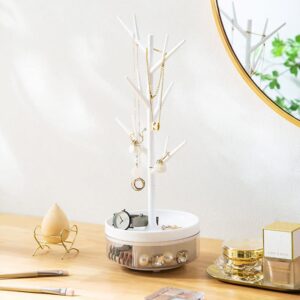 Half Room Branch Jewelry Rack With Rotatable Base and Storage Box Tree Tower Rack Hanging Organizer for Ring Earrings Necklace Bracelet,Suitable for living rooms, bathrooms,offices,etc.