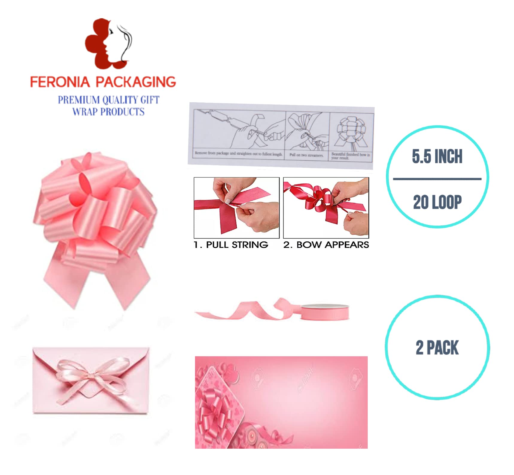 Feronia Packaging 2 Pieces Pull Bow for Gift Wrapping Gift Bows Pull Bow With Ribbon for Wedding Gift Baskets, 5.5 Inch 20 Loop (Light Pink)