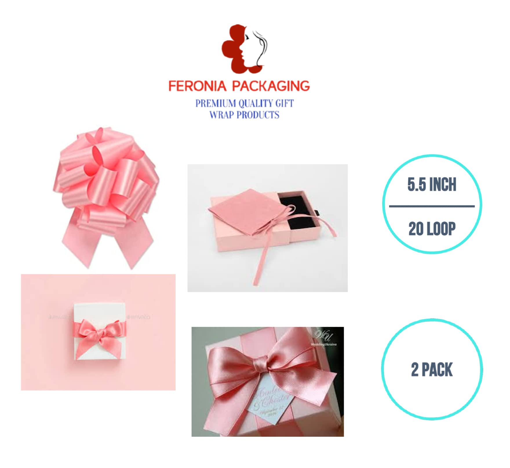 Feronia Packaging 2 Pieces Pull Bow for Gift Wrapping Gift Bows Pull Bow With Ribbon for Wedding Gift Baskets, 5.5 Inch 20 Loop (Light Pink)