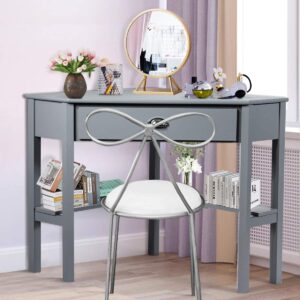 LDAILY Small Corner Desk, Triangle Makeup Vanity Desk for Small Space, Compact Writing Desk with Storage Shelves & Drawer, Space Saving Corner Computer Desk for Bedroom, Home Office