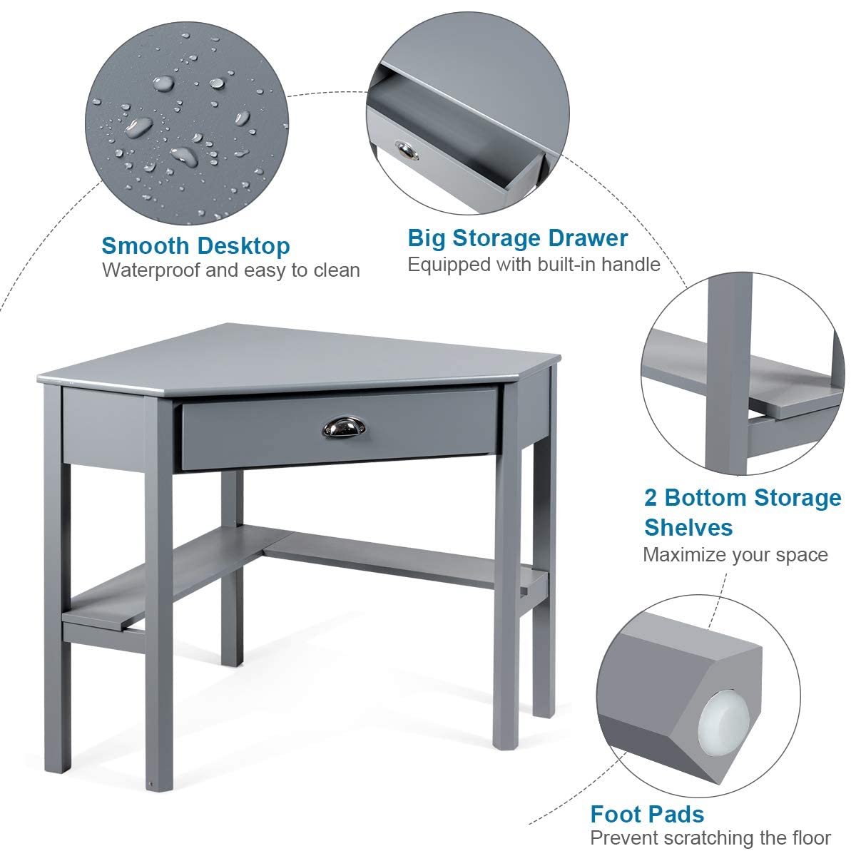 LDAILY Small Corner Desk, Triangle Makeup Vanity Desk for Small Space, Compact Writing Desk with Storage Shelves & Drawer, Space Saving Corner Computer Desk for Bedroom, Home Office