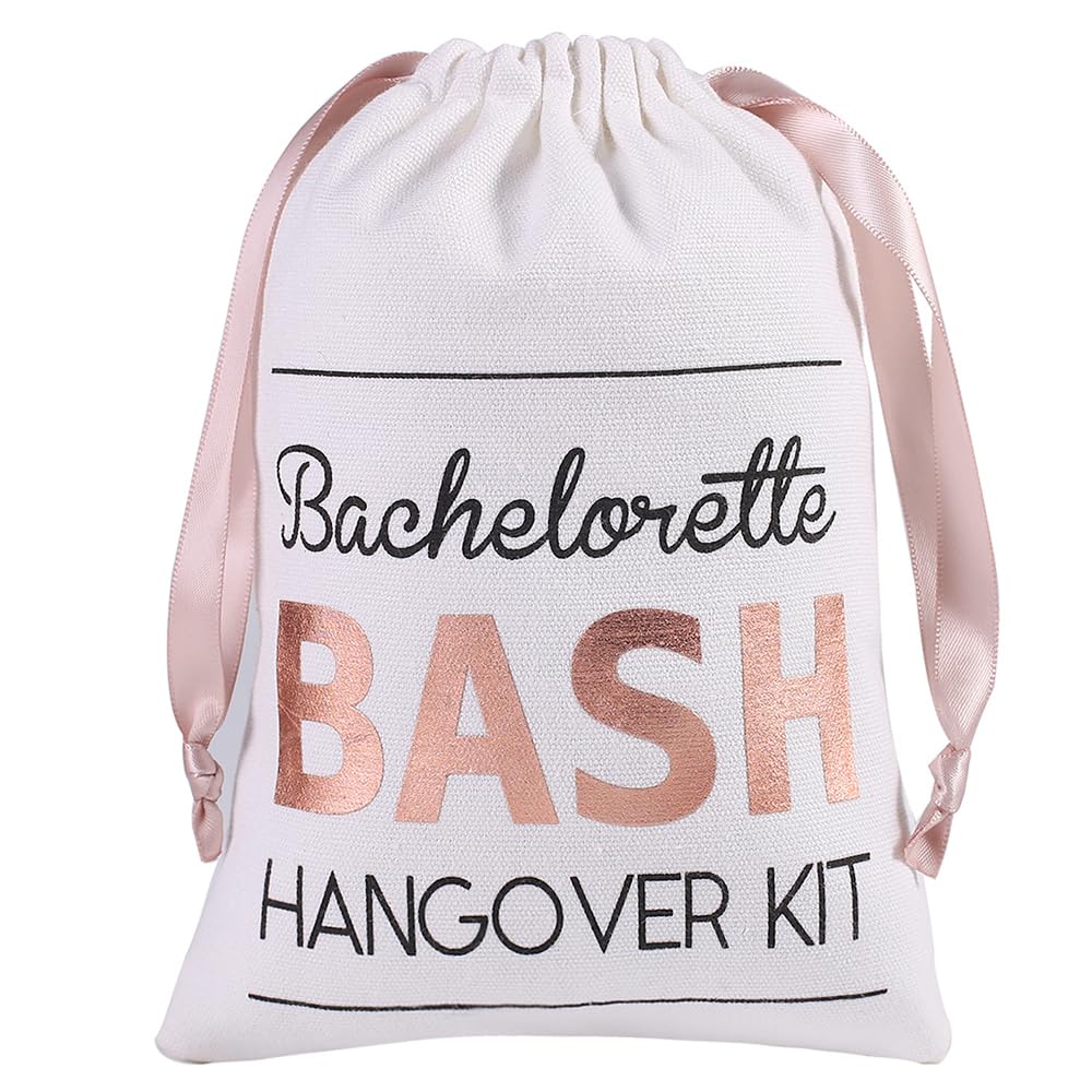 Cytdkve Rose Gold Foiled Bachelorette Hangover Kit Drawstring Bags, Wedding Party Favor Bags for Bridesmaid Gifts (10 Pieces, White, 5 x 7 Inch)