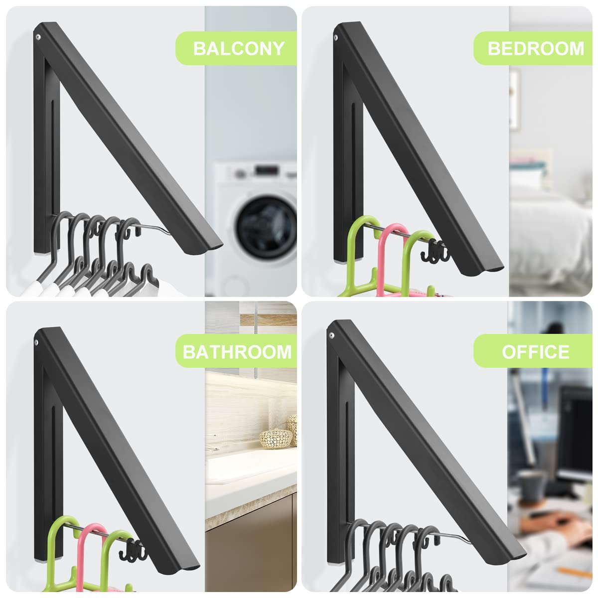 JYL HOME Wall Mounted Clothes Rack Retractable Hanger Space Saving Heavy Duty Wardrobe Hooks for Bathroom Balcony Aluminum, Black, 1-Pack