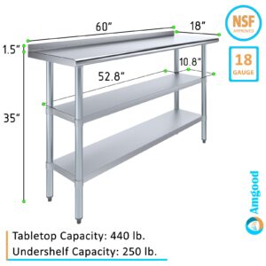 AmGood Stainless Steel Work Table with 1.5" Backsplash and 2 Shelves | Metal Kitchen Food Prep Table | NSF (60" Long x 18" Deep)