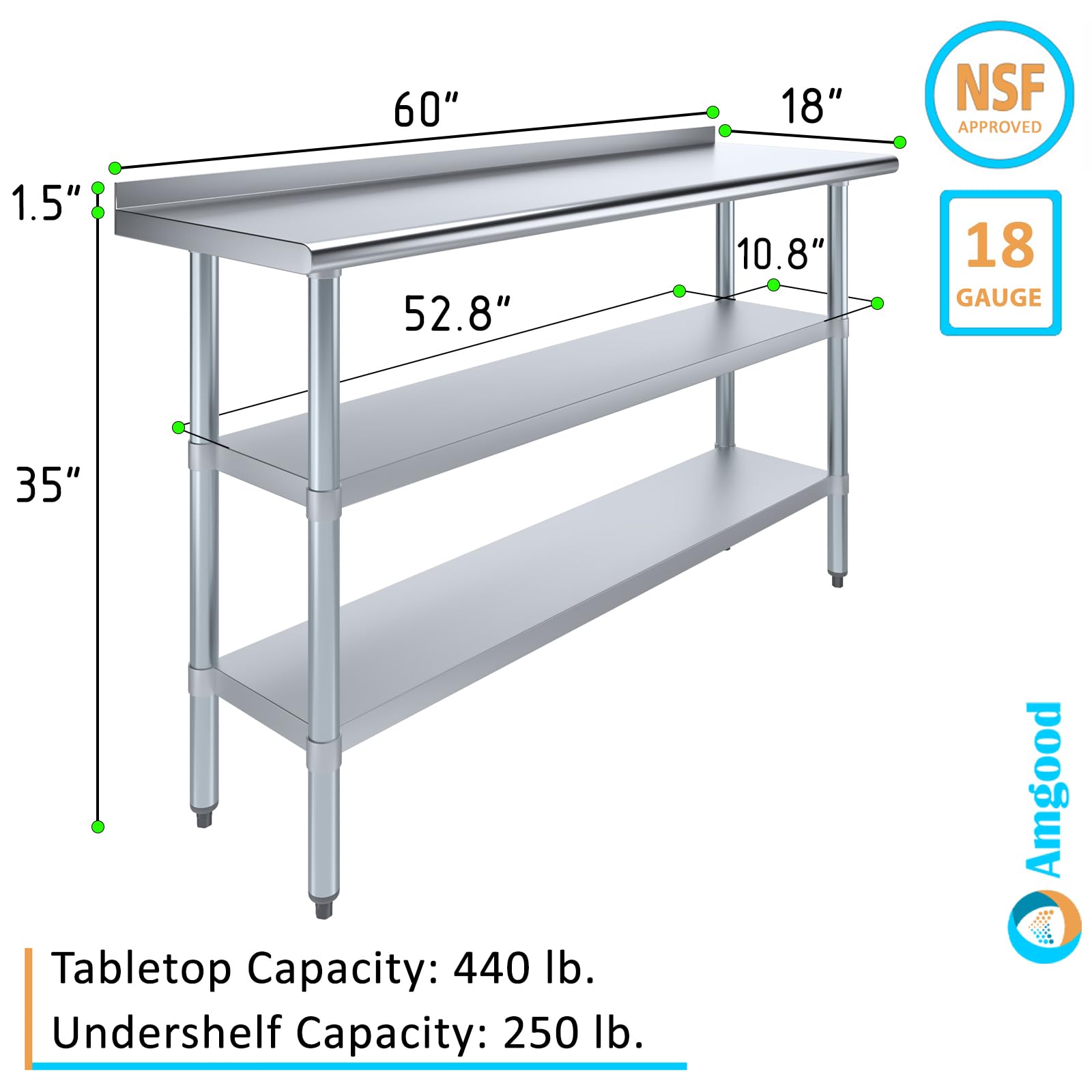 AmGood Stainless Steel Work Table with 1.5" Backsplash and 2 Shelves | Metal Kitchen Food Prep Table | NSF (60" Long x 18" Deep)