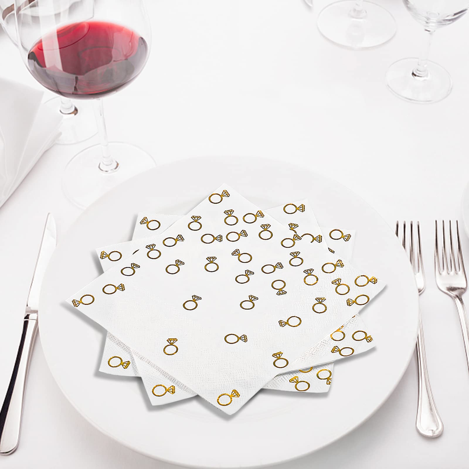 100 Pack 6.3x6.3 Inch Gold Diamond Ring Napkins - 2-Ply Cocktail Napkins Bar Napkins Disposable Party Napkins Paper Napkins Dinner for Bridal Shower Engagement party party decor Valentines Day