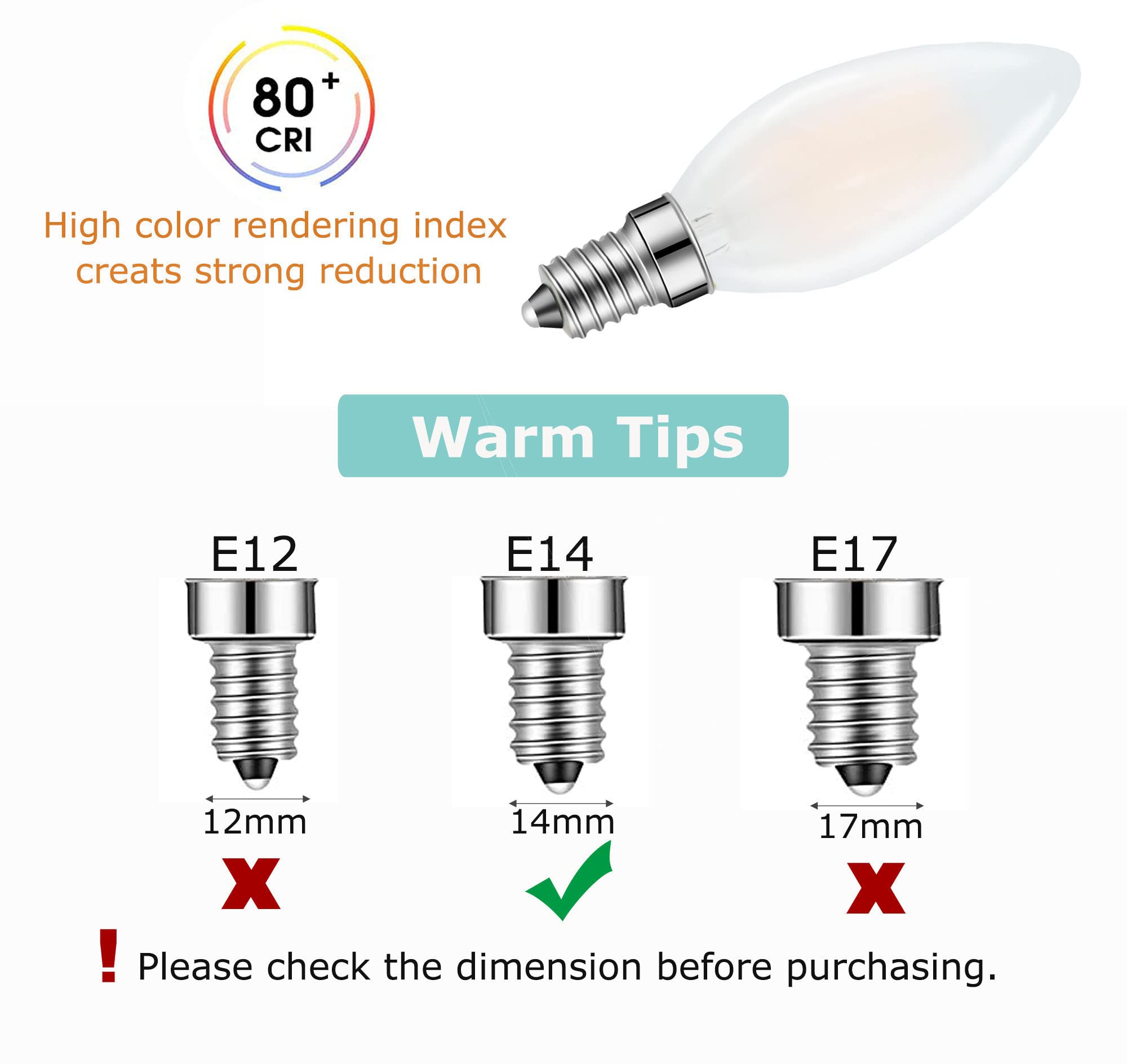 Lamsky E14 LED Bulb European Base 4W LED Chandelier Light Bulbs Dimmable 40W Equivalent,110V 2700K Warm White,Frosted Glass Decorative Bulb,6 Pack