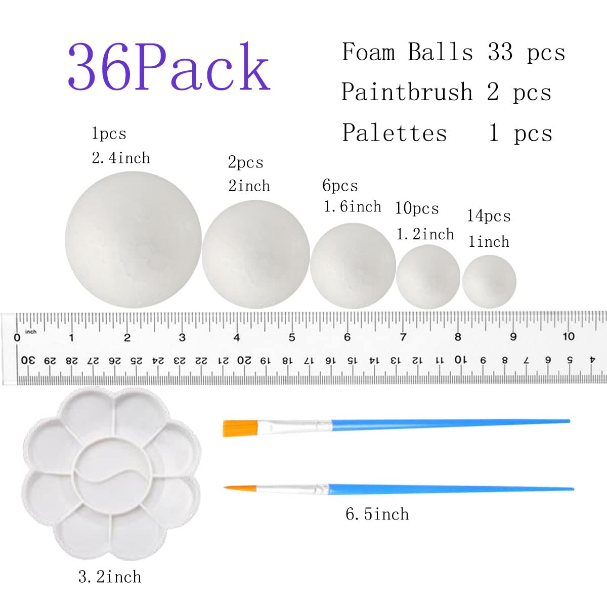 FFchuanhe 36Pack Craft Foam Balls Assorted Sizes (1-2.4 in), Foam Balls for Arts and Crafts, Christmas, School Craft Project and Holiday Party