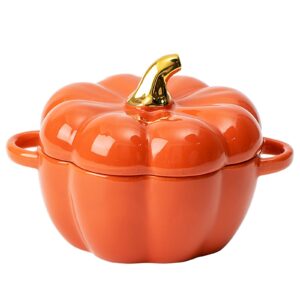 dutch oven pot with lid, pumpkin pottery dessert saucepan, mini baking dish cute pumpkin bowl, covered dutch oven ceramic stockpot, pumpkin-shaped casserole (orange)