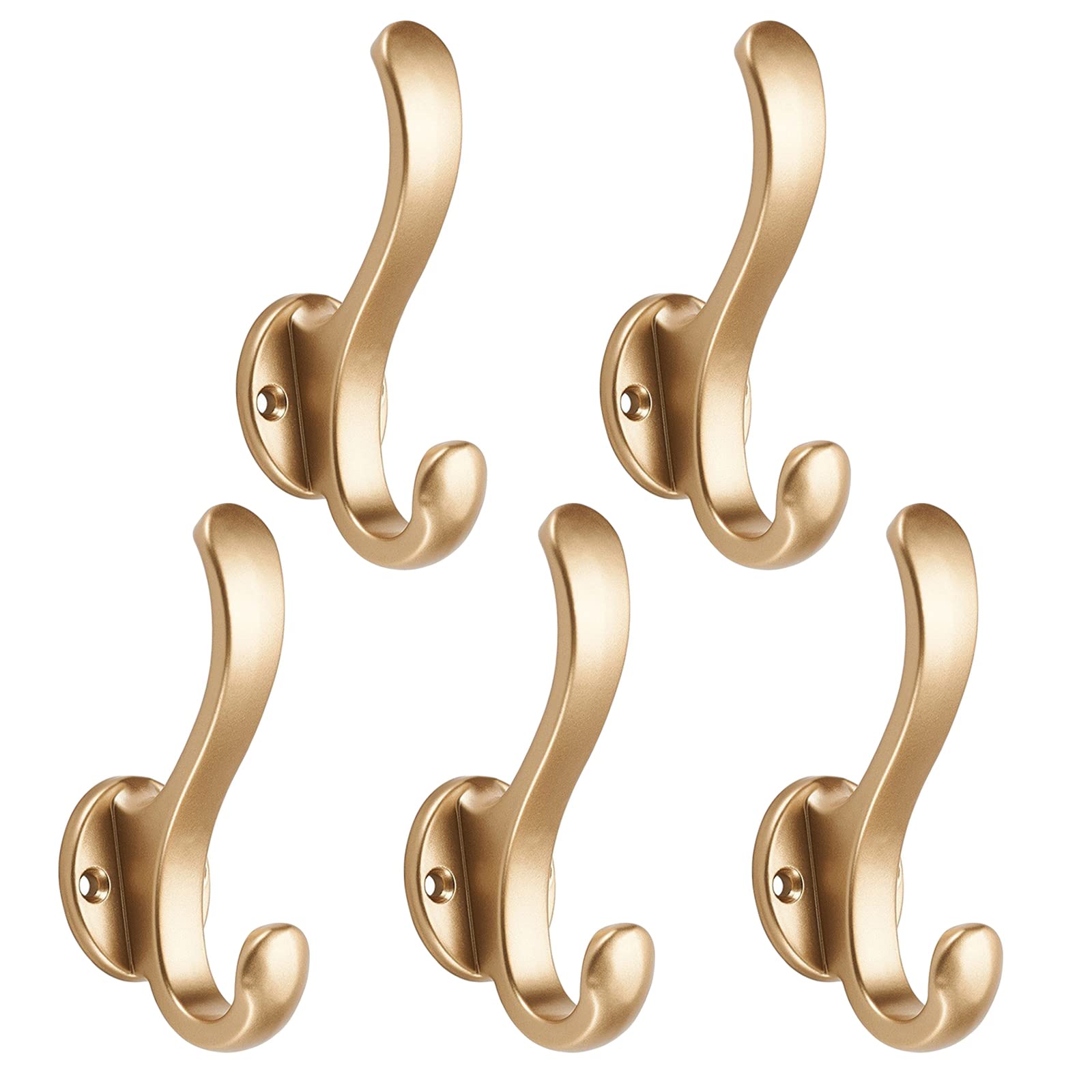 WASYPLSFOI Wall Hooks Over Door Key Towel Coat Hat Purse Hanger Holder Rack Double Hooks Heavy Duty for Wall Bathrooms Hanging Hooks, 5 Pack Gold