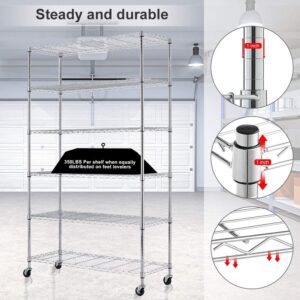 NiamVelo Storage Shelves Heavy Duty 6 Tier Wire Shelving Unit with Wheels Adjustable NSF Metal Wire Shelf 48" L×18" W×82" H Garage Shelves 2100 Lbs Weight Capacity Multifunctional Storage Rack, Chrome