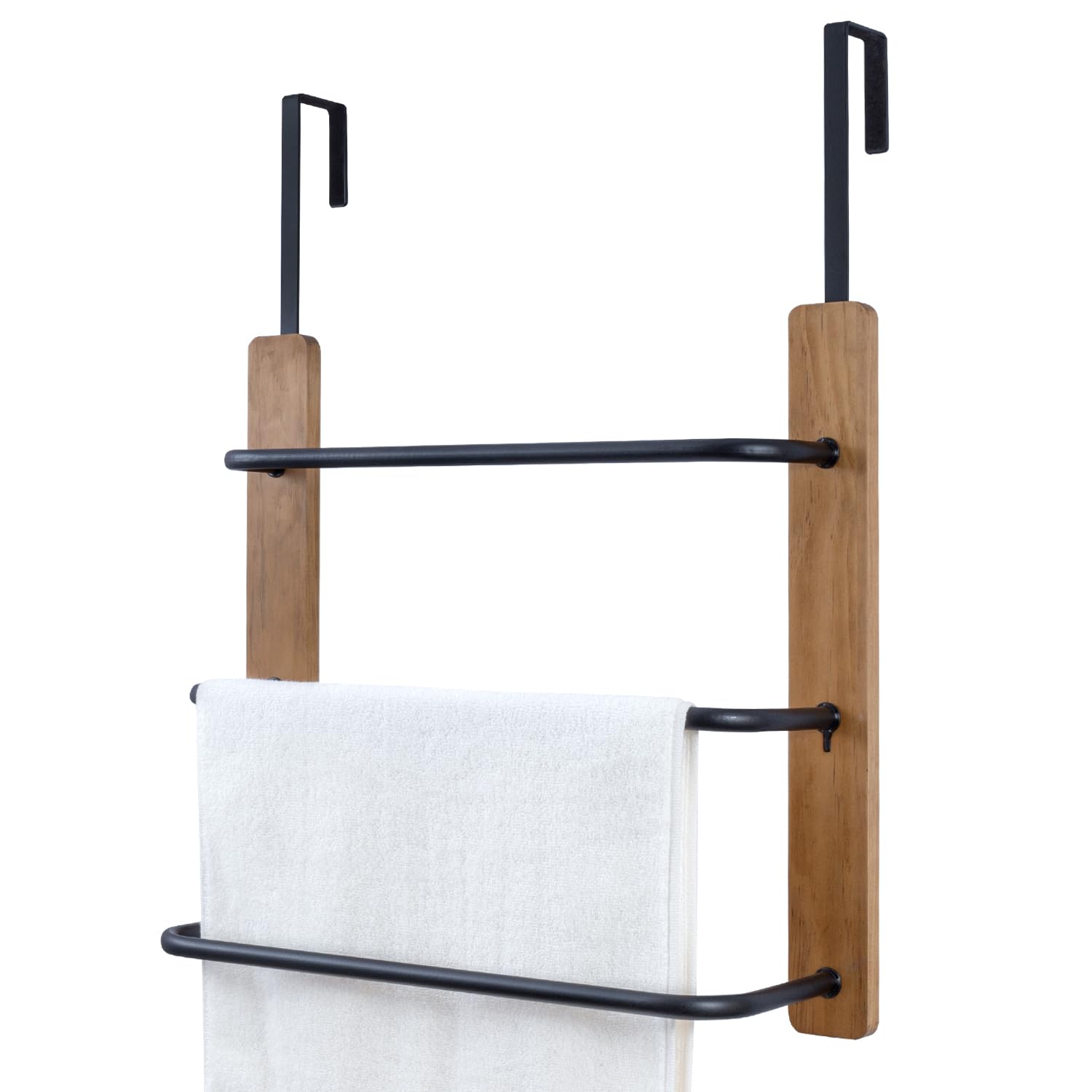 MyGift Rustic Over The Door Towel Rack, 3 Tier Solid Burnt Wood and Matte Black Metal Space Saving Bathroom Door Hanging Towel Bar