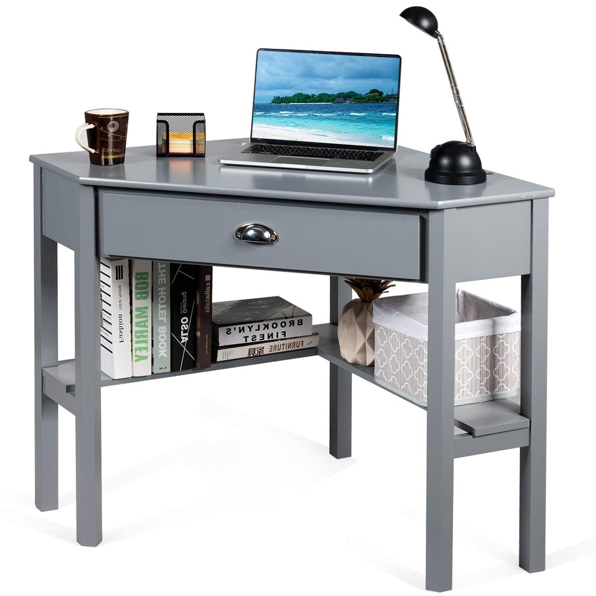 LDAILY Small Corner Desk, Triangle Makeup Vanity Desk for Small Space, Compact Writing Desk with Storage Shelves & Drawer, Space Saving Corner Computer Desk for Bedroom, Home Office