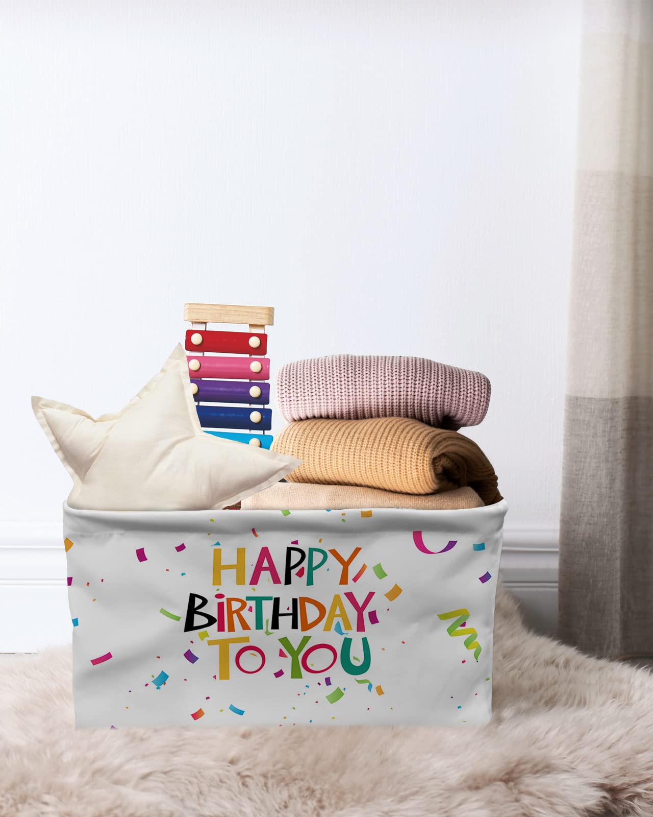 Happy Birthday to YOU Waterproof Fabric Storage Basket for Organizing Bedroom Bathroom Laundry Room Collapsible Storage Bins Birthday Party Gifts Decorative Shelf Basket for Gifts Empty