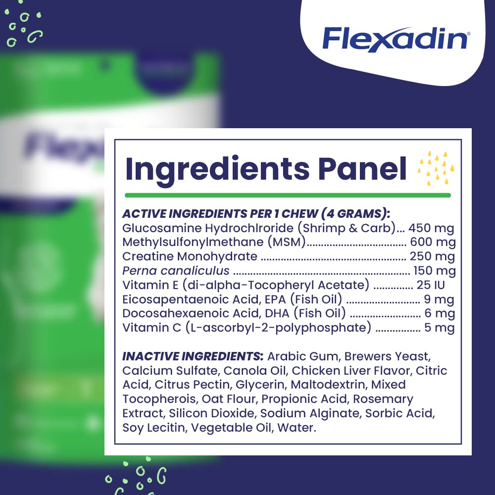 Vetoquinol Flexadin Hip and Joint Supplement with Glucosamine for Dogs, Joint Support Chew with Green-Lipped Mussel and MSM, 90-Count