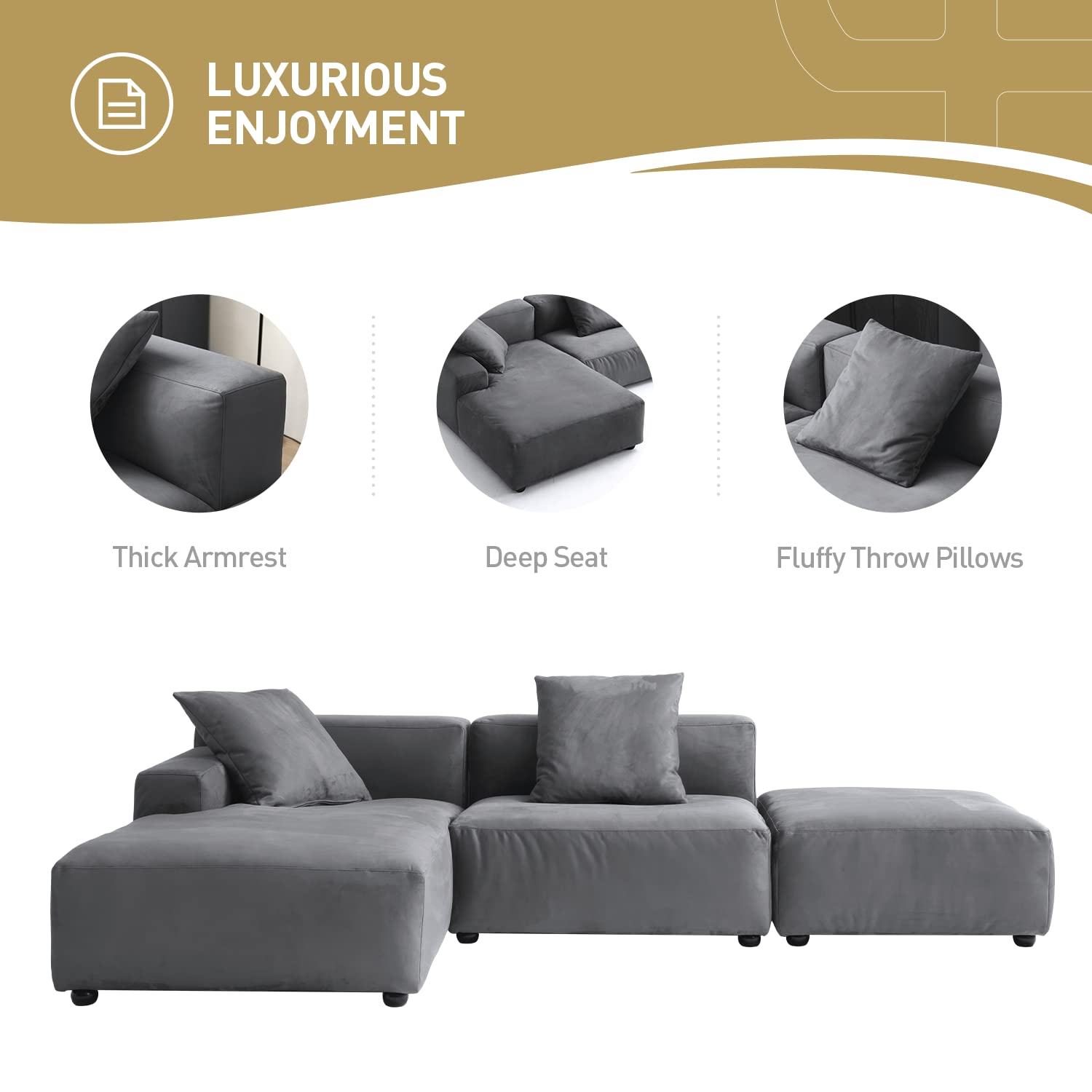 Acanva Luxury Modern Modular L-Shape Sectional Sofa Set, 3 Seat Upholstered Couch with Chaise Lounge for Living Room Bedroom Apartment, Dark Grey