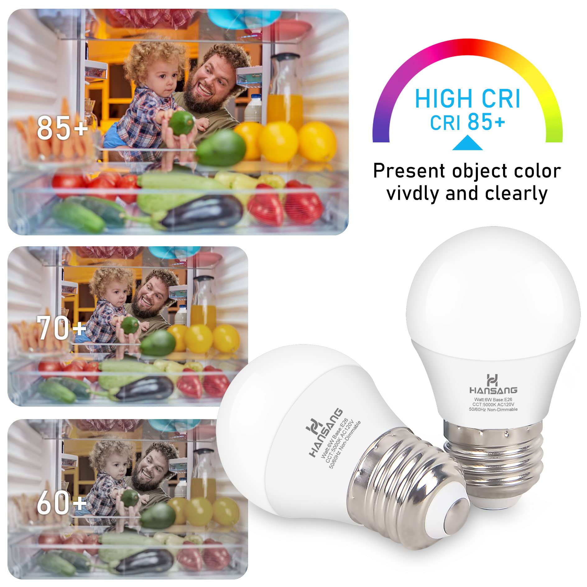 hansang Refrigerator Light Bulb E26 Base, 60Watt Equivalent, 5000K Daylight, Watreproof Appliance Fridge Bulbs, A15 LED Small Light Bulb Frigidaire Freezer Bulbs, 120V, 600LM, 2 Pack, Non-Dimmable