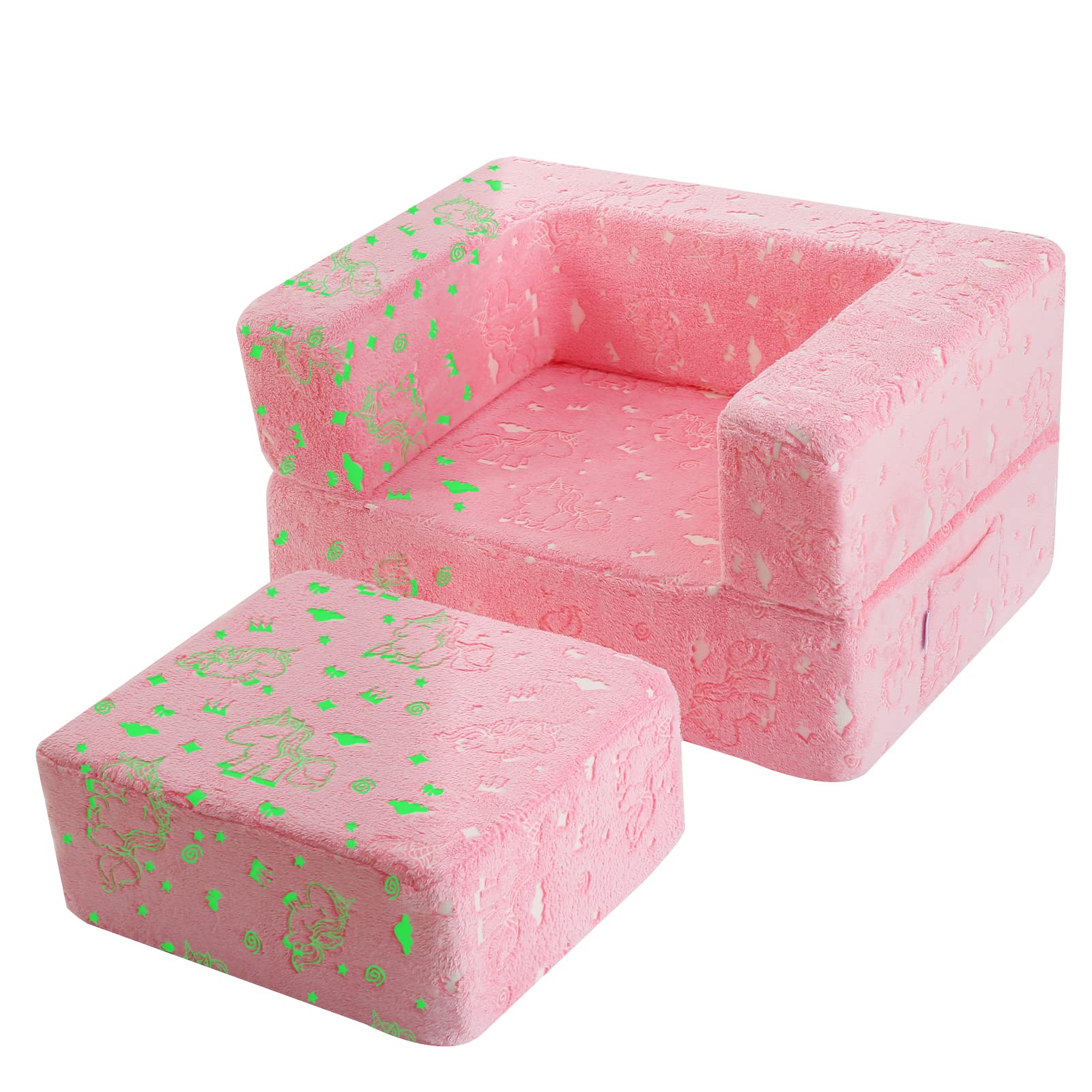 MeMoreCool Toddler Chair Glow in Dark Unicorn Kids Couch, Fold Out Modular Chair for Boy Girl, Pink Baby Sofa for Bedroom Lounge