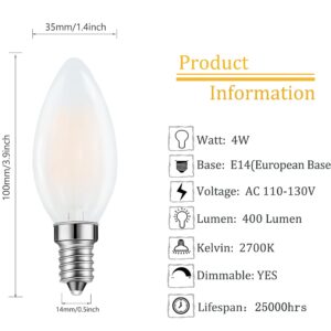 Lamsky E14 LED Bulb European Base 4W LED Chandelier Light Bulbs Dimmable 40W Equivalent,110V 2700K Warm White,Frosted Glass Decorative Bulb,6 Pack