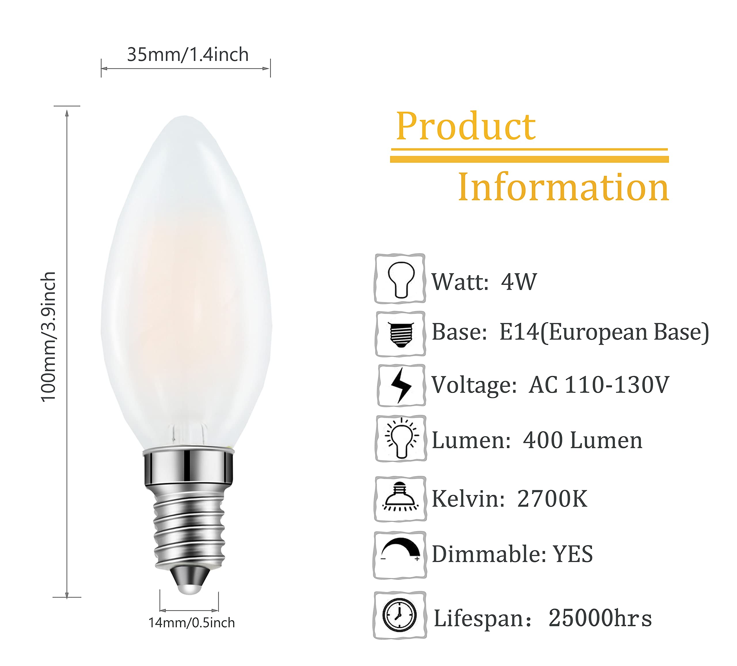 Lamsky E14 LED Bulb European Base 4W LED Chandelier Light Bulbs Dimmable 40W Equivalent,110V 2700K Warm White,Frosted Glass Decorative Bulb,6 Pack