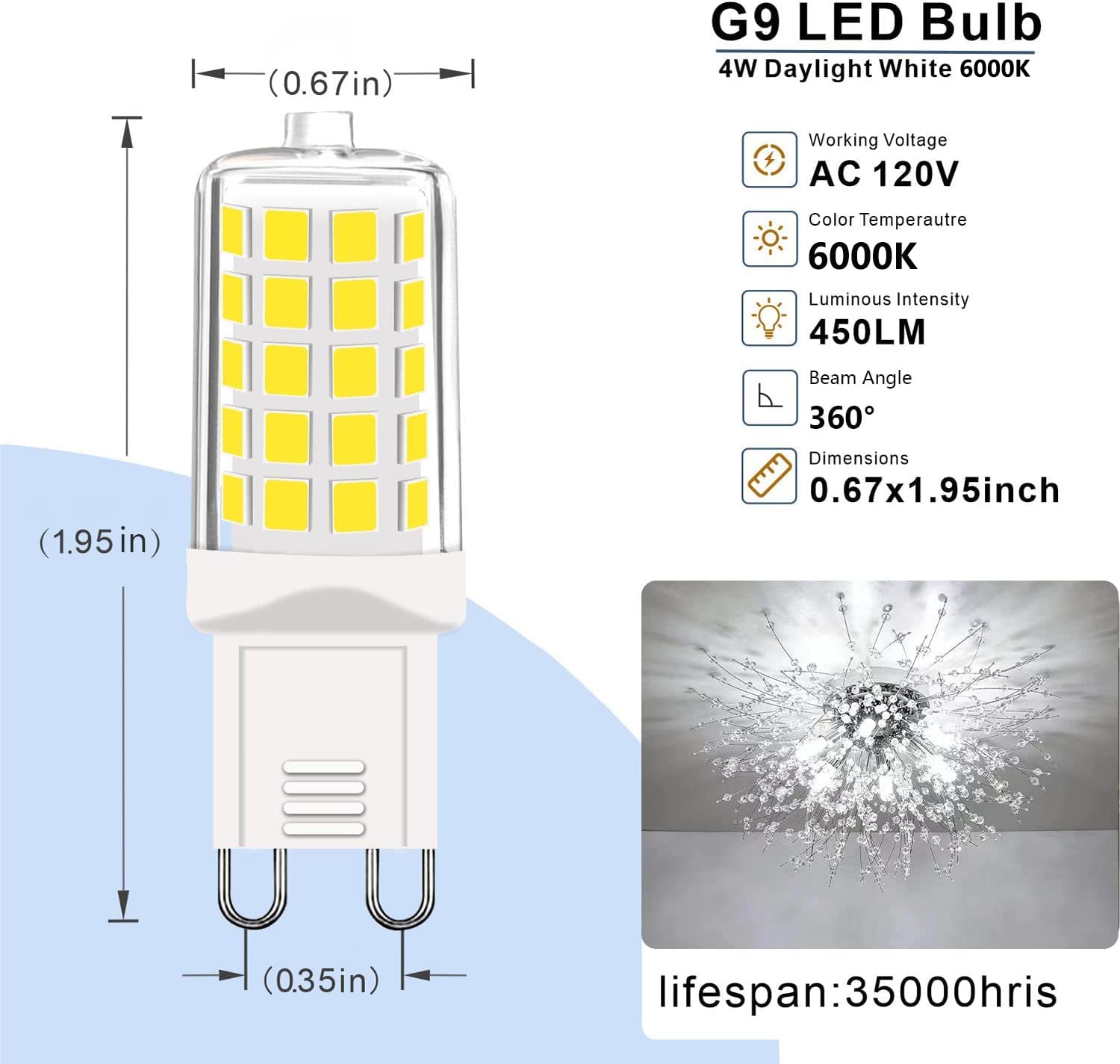 GOHDLAMP G9 LED Bulbs, 40 Watt Equivalent T4 Chandelier Light Bulb, 6000K Daylight White 450 Lumens, Bi-pin G9 Base Non-Dimmable, 4W LED Bulb 360 Degrees Beam Angle 5 Pack