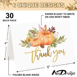 AnyDesign 30 Pack Fall Gold Foil Thank You Cards Bulk Watercolor Maple Leaves Pumpkin Greeting Cards with Envelopes Stickers Blank Note Cards for Autumn Thanksgiving Baby Shower